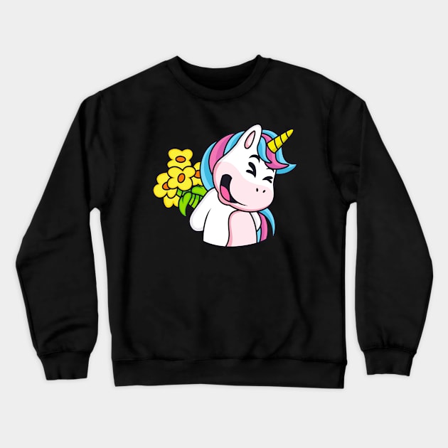 Cute Unicorn With Flowers Bouquet Unicorns Kids Crewneck Sweatshirt by Foxxy Merch